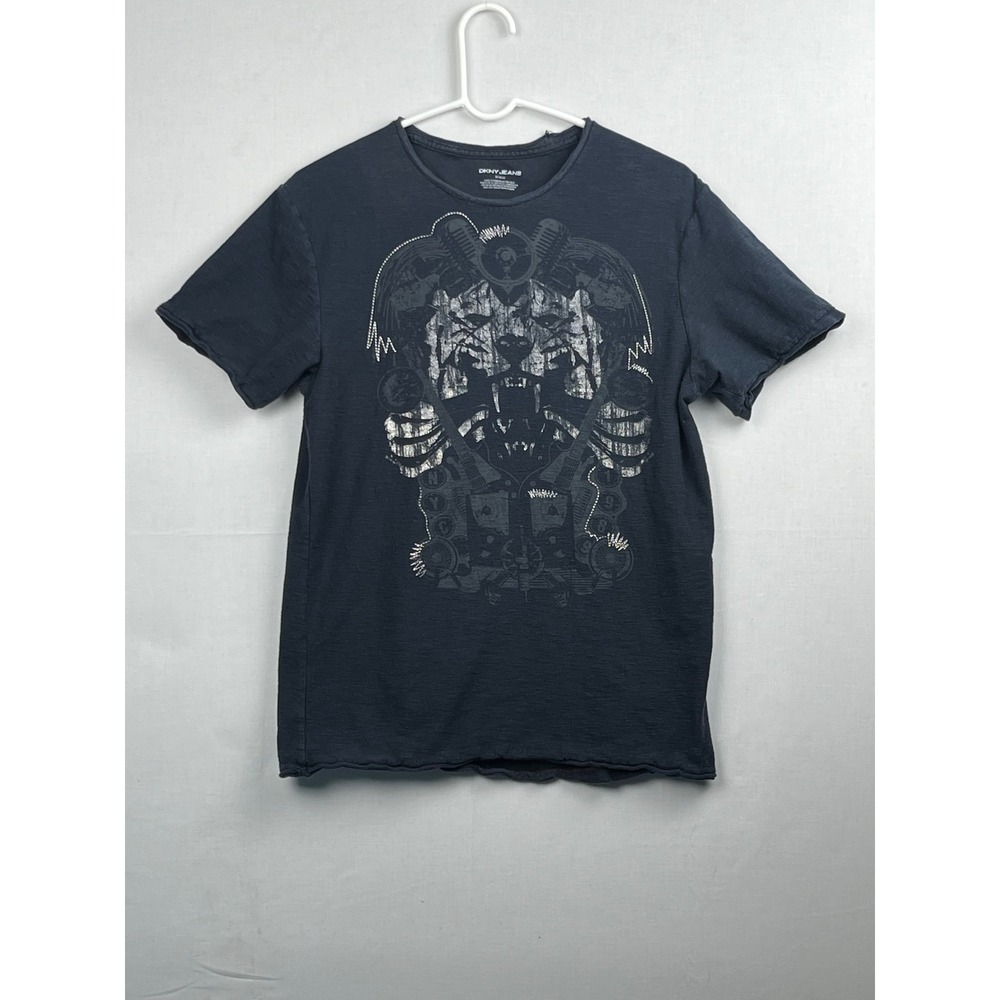 DKNY Jeans Graphic T-Shirt Mens Size M Distressed Tiger Music Rock Charcoal Gray